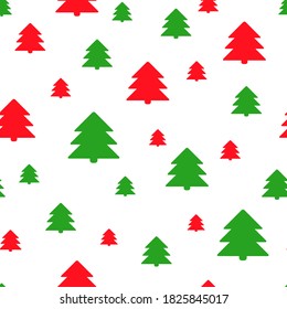 Simple retro Christmas seamless pattern with xmas trees. Traditional red and green colors background. Vector illustration. Winter endless texture can be copied without any seams