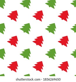 Simple retro Christmas seamless pattern with xmas trees. Traditional red and green colors background. Vector illustration. Winter endless texture can be copied without any seams.