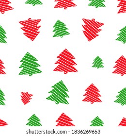 Simple retro Christmas seamless pattern with xmas trees. Traditional red and green colors background. Vector illustration. Winter endless texture can be copied without any seams.