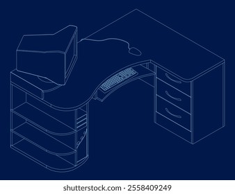 Simple retro Computer Desk contour. Isometric view. Vector illustration.