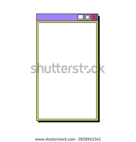 Simple retro computer window icon with a blank white screen, purple title bar and close buttons, isolated on a light background with lots of copy space.
