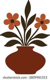 Simple retro floral illustration featuring two orange flowers, dark brown leaves, tall stems, and a rounded rustic vase. Perfect for wall art, greeting cards, posters, stickers, fabric prints, home décor, and floral branding.