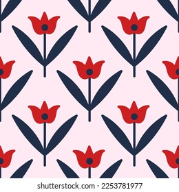 Simple retro floral seamless pattern with tulips. Vector flat illustration with red vintage flowers isolated on a pink background. Symmetric motif for design of fabric, paper, and other surfaces