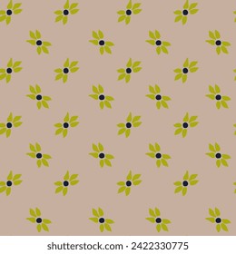 Simple retro flowers composition with leaves and plants. Modern design with flourishing and blossoming. Blooming ornament. Seamless pattern print, background wallpaper. Vector in flat styles