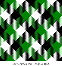 Simple retro green Christmas plaid diagonal Vector Pattern. Timeless winter holiday check green black seamless pattern.