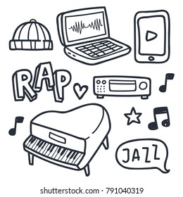 Simple retro music doodle. Cute music industry doodle illustration set