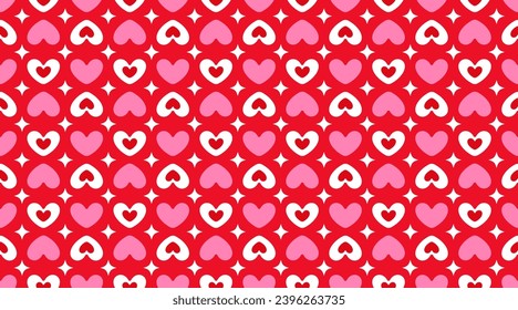 Simple retro seamless pattern with hearts, stars and sparkles perfect for Valentine's day, birthday wrapping paper, paper bags. Flat style design in red, pink, magenta colors.