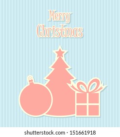 Simple retro style Christmas ball, tree and gift decoration on striped background