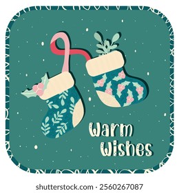 simple retro style christmas socks greeeting card, earthy natural colors, perfect for your holiday background