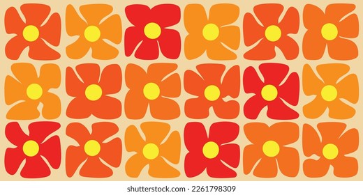 Simple, Retro Style Flowers Pattern - Summer or Sping Theme from the 60s, 70s - Red, Brown, Orange Colored Bold Abstract Vintage Vector Background