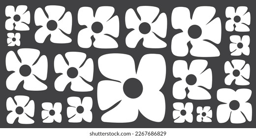 Simple Retro Style Flowers of Various Sizes Pattern - Summer or Sping Theme from the 60s, 70s - Black and White Bold Vintage Texture on Dark Grey Vector Background