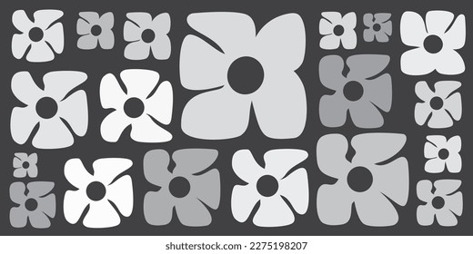 Simple Retro Style Flowers of Various Sizes Pattern - Summer or Sping Theme from the 60s, 70s - Black, Grey and White Bold Vintage Texture Design on Dark Grey Vector Background
