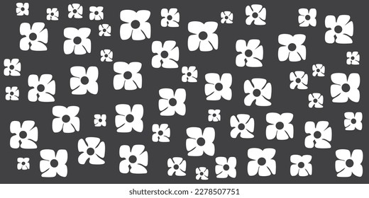 Simple Retro Style Flowers of Various Sizes Pattern - Summer or Sping Theme from the 60s, 70s - Black and White Bold Vintage Texture Design on Dark Grey Vector Background