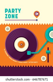 Simple retro style, party poster design with close up of a turntable and text. Vector illustration.