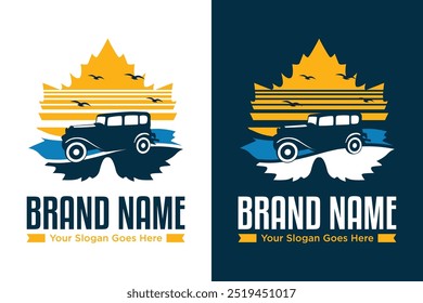 simple retro vintage classic car with maple leaf illustration vector logo design 