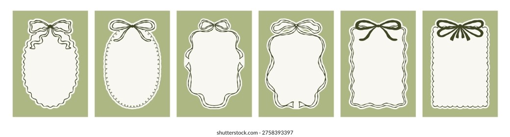 Simple retro whimsical greeting card design with ribbon and bow frames. Elements for dinner cards, invitations, tags and holiday stationery. Vector illustration set.