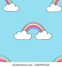 Simple retro Y2K aesthetic seamless repeat pattern with rainbow cloud half drop in blue sky background 