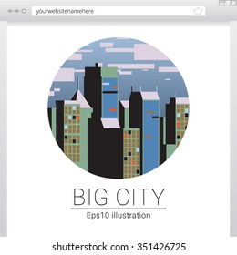 Simple retro-stylized cityscape vector illustration in circle shape. 