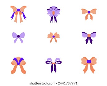 Simple ribbon bows set. Flat style bright colored bowknots. Vector decorative elements