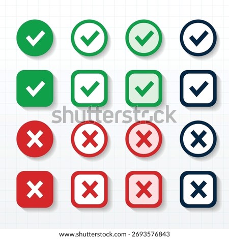 Simple Right or wrong icons. Green tick and red cross checkmarks. Yes or no symbol, approved or rejected icon for user interface.