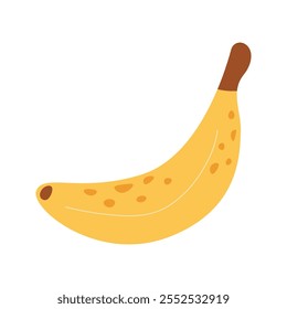 Simples banana madura. Ilustração vetorial minimalista de banana amarela com manchas marrons, isolada em um fundo branco, ideal para projetos