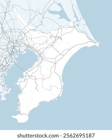 Simple road map of Chiba Prefecture and neighboring prefectures in Japan.