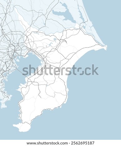 Simple road map of Chiba Prefecture and neighboring prefectures in Japan.
