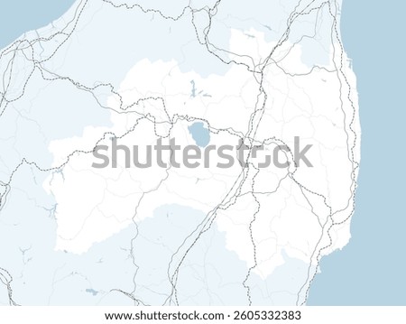 Simple road map of Fukushima Prefecture and neighboring prefectures in Japan.