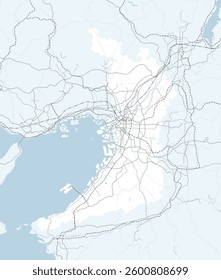 A simple road map of Osaka, Japan, including the neighboring prefectures. 