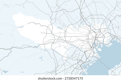 A simple road map of Tokyo, Japan, including the neighboring prefectures. 