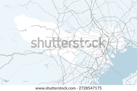 A simple road map of Tokyo, Japan, including the neighboring prefectures. 