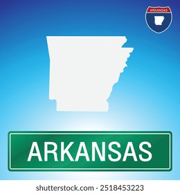 A simple road sign for Arkansas with a map of the state in the background. The sign is green with white lettering, and the map is white with a blue gradient background.