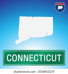 A simple road sign for Connecticut with a map of the state in the background. The sign is green with white lettering, and the map is white with a blue gradient background.