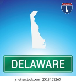 Uma simples placa para Delaware com um mapa do estado ao fundo. O sinal é verde com letras brancas, e o mapa é branco com um fundo de gradiente azul.