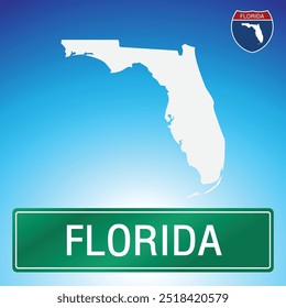 Ein einfaches Straßenschild für Florida mit einer Landkarte des Staates im Hintergrund. Das Schild ist grün mit weißer Schrift, und die Karte ist weiß mit blauem Farbverlauf-Hintergrund.