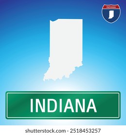 A simple road sign for Indiana with a map of the state in the background. The sign is green with white lettering, and the map is white with a blue gradient background.