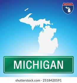 Una simple señal de tránsito para Michigan con un mapa del estado al fondo. El letrero es verde con letras blancas, y el mapa es blanco con un fondo azul degradado.