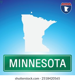 A simple road sign for Minnesota with a map of the state in the background. The sign is green with white lettering, and the map is white with a blue gradient background.