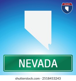 A simple road sign for Nevada with a map of the state in the background. The sign is green with white lettering, and the map is white with a blue gradient background.