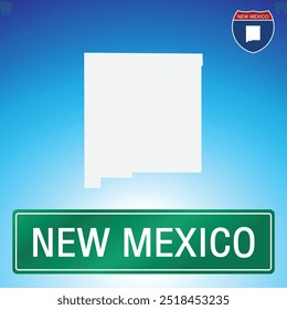 A simple road sign for New Mexico with a map of the state in the background. The sign is green with white lettering, and the map is white with a blue gradient background.
