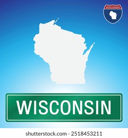 Uma simples placa de estrada para Wisconsin com um mapa do estado ao fundo. O sinal é verde com letras brancas, e o mapa é branco com um fundo de gradiente azul.