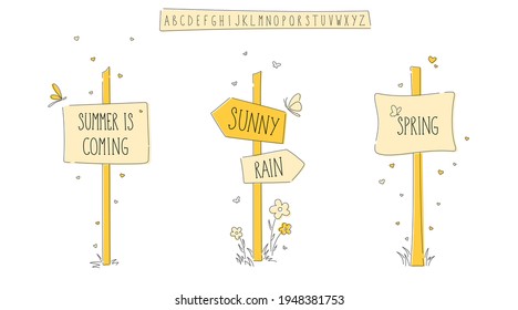 Simple road signposts billboard with flower and butterfly. Sketch illustration of road signs.