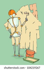 simple robot painting the wall hand draw version