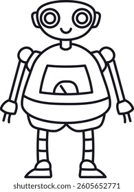 A simple robot with a smiling face and circular eyes in a playful line art style. Mechanical features like jointed arms and a gauge on its body convey a fun machine concept