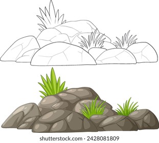 Simple rock formation with green plants vector.