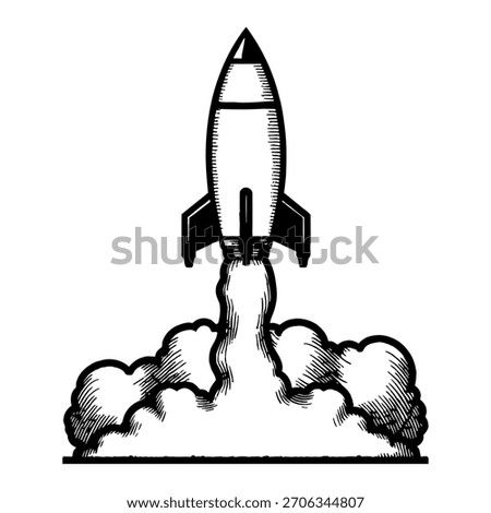 Simple Rocket Blasting Off with Fire Trail and Smoke Clouds Black and White Outline Line Art Drawing Logo