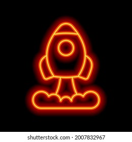 Simple rocket icon, space ship. Orange neon style on black background. Light linear icon with editable stroke