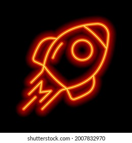 Simple rocket icon, space ship. Orange neon style on black background. Light linear icon with editable stroke