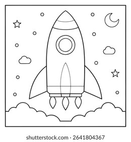 Simple rocket ship drifting in outer space surrounded by stars in a clean and modern illustration