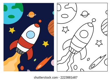 Einfache Rocket-in-Space-Farbseite für Kinder, die Bildung zeichnen. Einfache Cartoon-Illustration zum Thema Fantasie für das Farbbuch